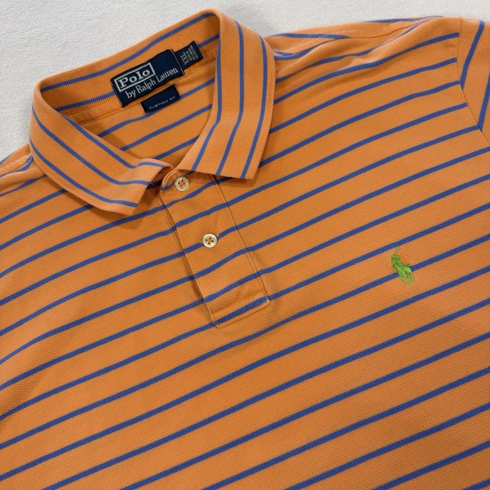 Polo Ralph Lauren Polo Shirt Mens XXL Orange Blue‎ Striped Short Sleeve Golf